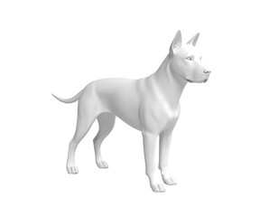 A sleek, white, rendered dog stands alert, with a refined muscular build, on black