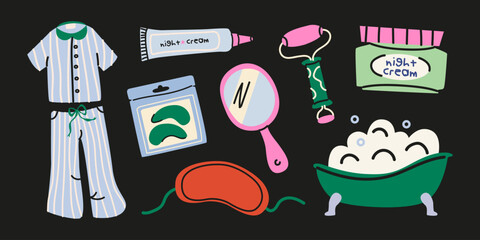 Night beauty routine cartoon stickers in retro groovy style. Doodle self-care elements, pajamas, bathrobe, bathtub, cosmetics and home decor. Vector illustration for relaxation and beauty themes