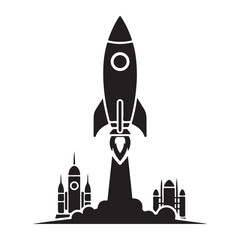 Rocket Launch Icon Set, Vector Silhouettes Illustration, Space Icons, Startup & Technology Design on white background.