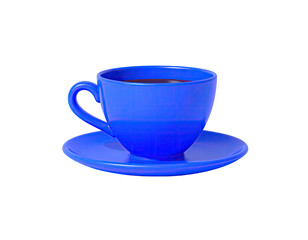 A vibrant blue cup and saucer containing a dark liquid, isolated on black