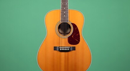 Acoustic guitar with natural wood finish and deep body on a solid green background