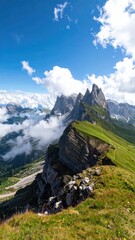 Mountain ridge leads to peaks, sky