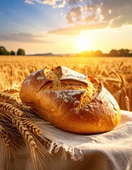 Bread on cloth with wheat field sunset