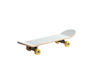 A white skateboard with wooden deck, yellow wheels, against a black backdrop