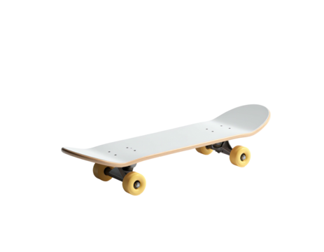 A white skateboard with wooden deck, yellow wheels, against a black backdrop - Powered by Adobe