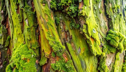 Close-up of vibrant green moss on tree bark