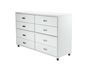 A sleek, modern white dresser with six drawers and silver handles