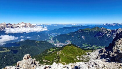 Mountainous vista with blue sky above