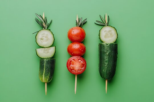 Veggie skewers of cucumber, tomato, rosemary on green - Powered by Adobe