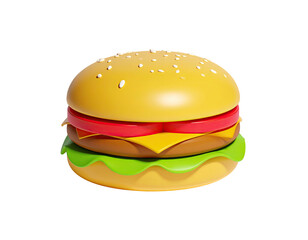 3D illustration of a burger with sesame bun, tomato, cheese, lettuce, and patty