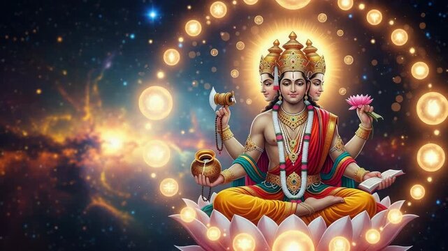 Lord Brahma The Creator of the Universe, Seated on a Lotus in Divine Radiance and Cosmic Creation for Brahma Jayanti, Kartik Purnima, Pushkar Camel Fair, Yadnya Kasada, Brahmotsava