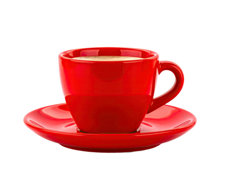 A red ceramic coffee cup and saucer filled with a light brown drink