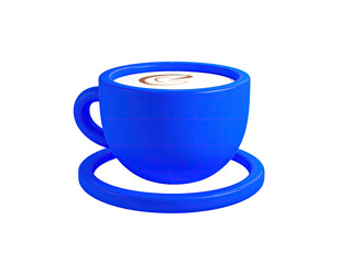 Blue 3D coffee cup with saucer, drink inside, dark background