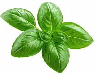 Fresh, wet basil leaves on white
