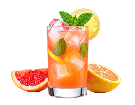Refreshing pink cocktail with citrus garnish, mint, and ice on a black background