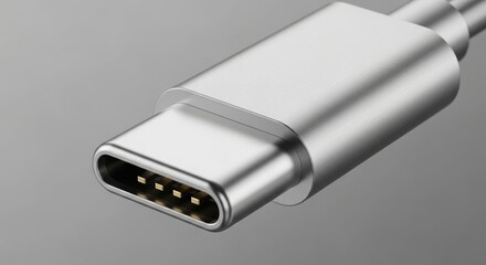 Close up of a modern silver usb type c connector on a neutral gray surface