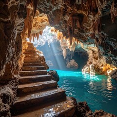 Cave with stairs leads to blue water