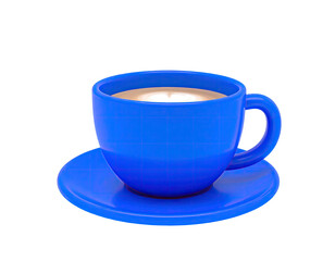 A vivid blue ceramic coffee cup with saucer, filled with foamy drink