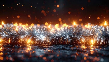 Silver garland shines on dark surface