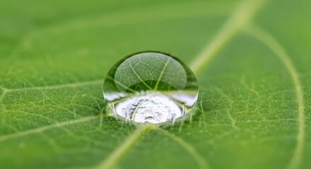Macro dew drop on green leaf nature background refreshing purity and natural beauty
