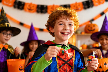 Joyful kids in halloween costumes having fun at a spooky themed party celebration