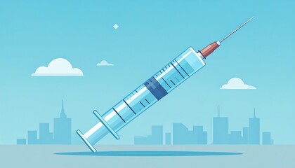 Syringe against a city backdrop. Flat style illustration of a syringe