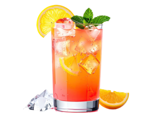 Tall glass of fruity beverage, ice, lemon garnish, sprig of mint, on black