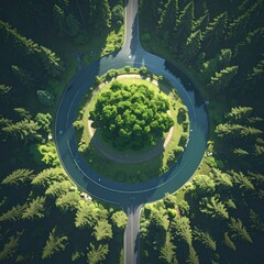 Aerial view of roundabout in forest