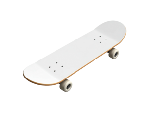 A clean, isometric view of a white skateboard, set against a black backdrop