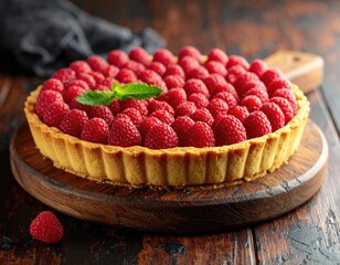 Raspberry tart on wood cutting board