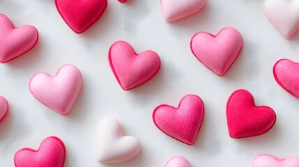 Fototapeta premium Delicate, heart-shaped ornaments in varying shades of pink and red, arranged randomly against a clean, white background, creating a charming and visually appealing pattern; this presents a soft,...