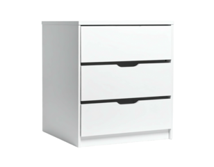 A modern white three-drawer storage cabinet with recessed handles and a simple design