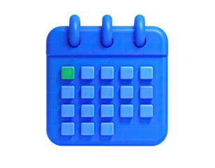 A 3D rendered blue calendar with a highlighted date on a black background