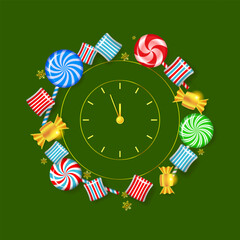 Realistic clock and sweets as frame