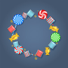 Sweets in golden wrappers and striped lollipops