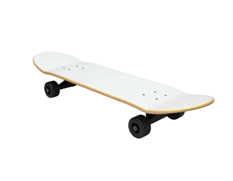 Render of a skateboard with a white deck, wheels, and black trucks on a black background