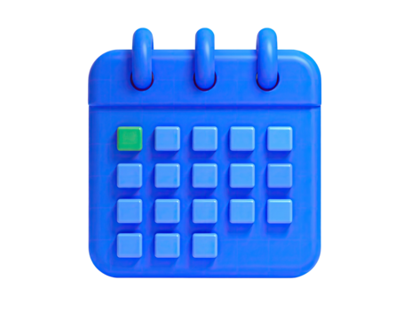 A 3D rendered blue calendar with a highlighted date on a black background