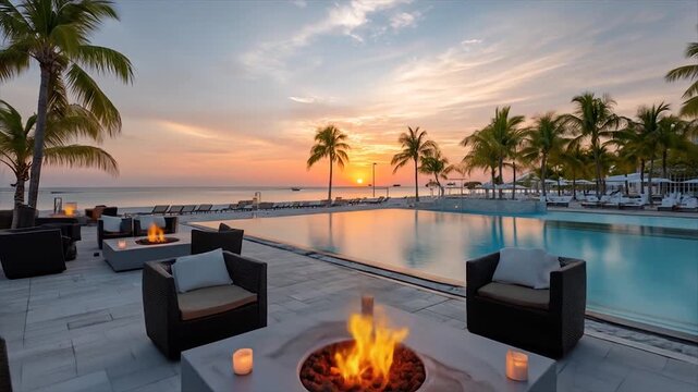 Tropical beach scene with fire pit and swimming pool at sunset