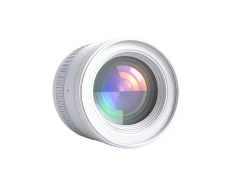 Detailed digital rendering of a white camera lens, with glass and light reflections