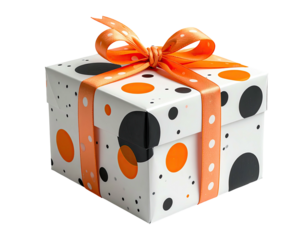 White gift box, polka dots, orange ribbon and bow on black background
