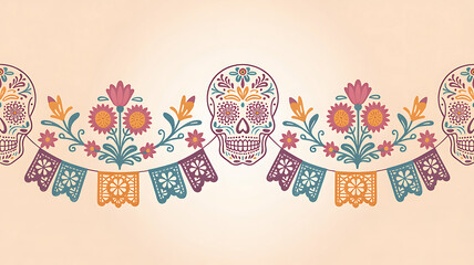 Colorful day of the dead sugar skull and papel picado banner border with floral accents on a soft background