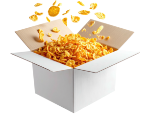 A white box overflowing with golden flakes; some falling