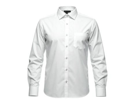 Formal white long-sleeve button-down shirt with pocket, isolated on black