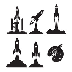 Rocket Launch Icon Set, Vector Silhouettes Illustration, Space Icons, Startup & Technology Design on white background.