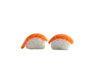 Two pieces of sushi with a large slice of salmon on top of rice