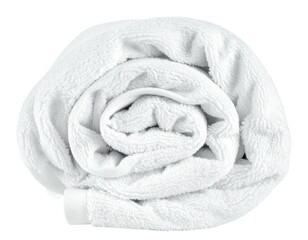 A tightly rolled white towel, circular, soft texture, isolated on a black background