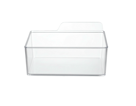 Transparent rectangular storage container with a tab extending from one side