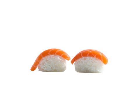 Two pieces of sushi with a large slice of salmon on top of rice