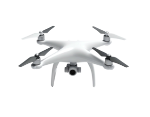 A white, quadcopter drone with four propellers and a downward-facing camera