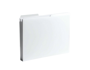 A white file folder sits upright, slightly open, against a transparent background